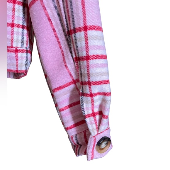 Bubble gum pink and red plaid button up coat with a faux fur lining - Picture 4 of 6